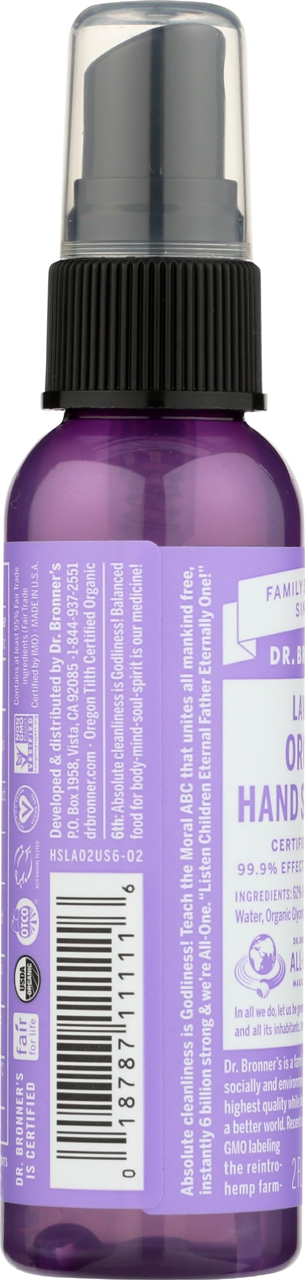 Dr. Bronner's Spray Detergente Mani Bio senz'acqua, Lavanda, 60 ml