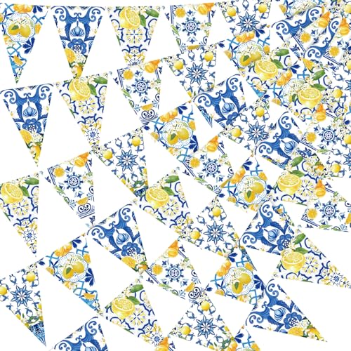 Image of Faccito 5 Pcs Blue Tiles Lemon Pennant Banners Amalfi Coast Party Decorations Italian Theme Blue Tiles Yellow Lemon Triangle Flags Summer Lemonade Decor for Wedding Bridal Shower Birthday Supplies