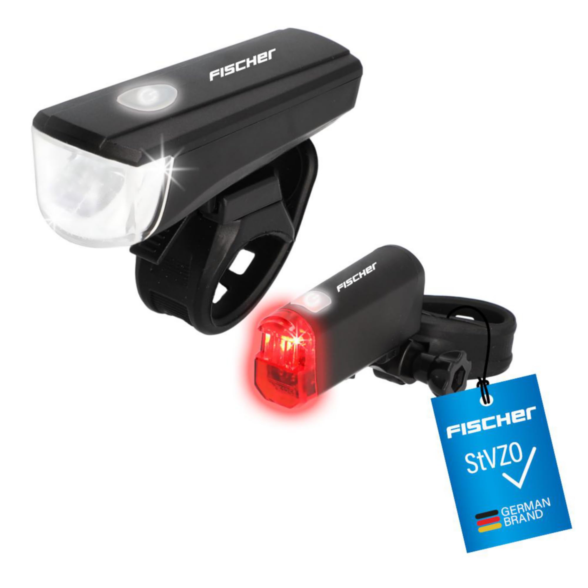 Fischer Zestaw oświetlenia LED do roweru, zestaw oświetleniowy z technologią LED, ochrona przed rozbryzgami wody, czarny, 1 sztuka