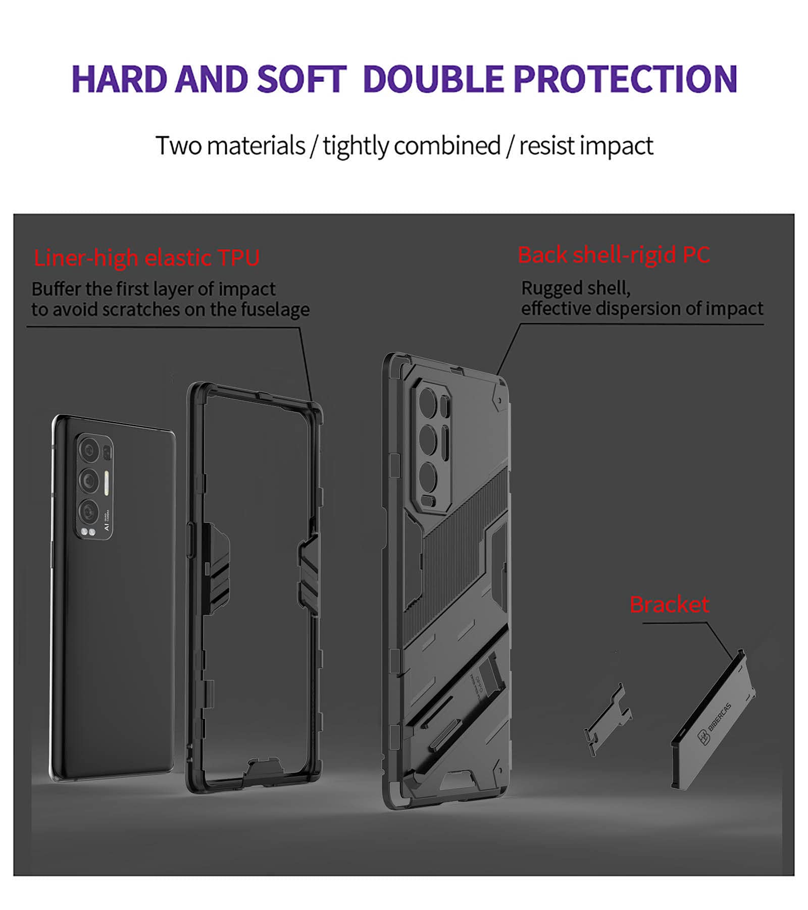ESTH® Custodia per Oppo Find X3 Neo con 360° Rotante Staffa, [Compatibile con Supporto Magnetico per Auto], Cover Paraurti PC + TPU, Rosso