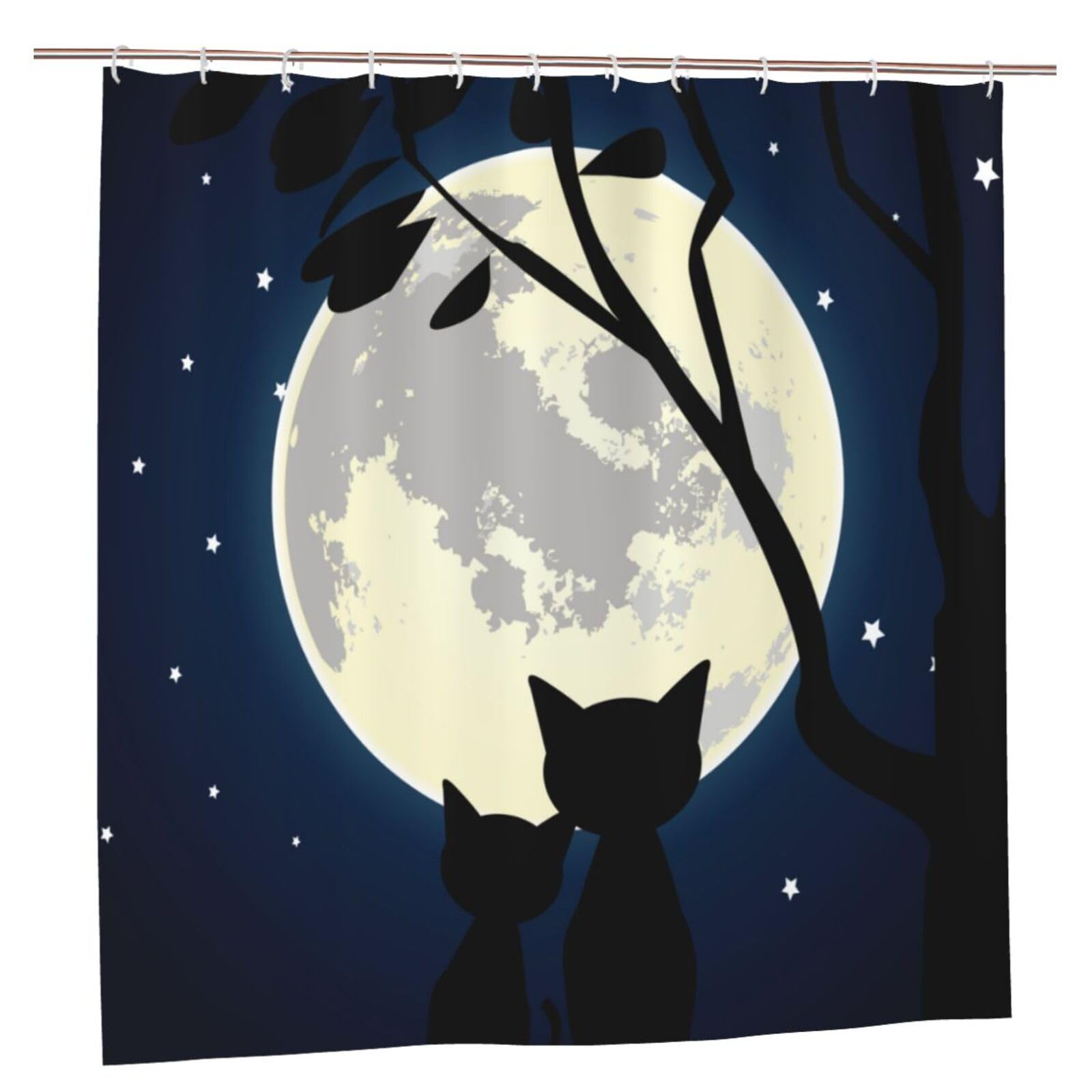 Gearsly Shower Curtains Mould Proof Resistant,Cats Look Moon Night Tree Bathroom Curtain With 12 Hooks Waterproof Washable Bath Shower Decor For Wet Room 72" X 72"(183 X 183 cm)
