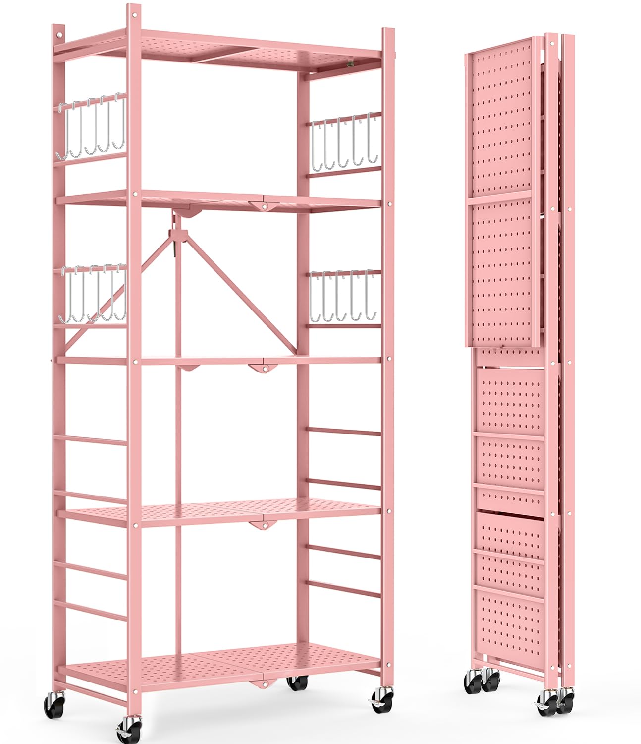 himix storage shelves with 20 hooks, 5-tier foldable shelves for storage, folding shelf unit pantry shelves with wheels, standing shelving unit for kitchen garage home office room greenhouse, pink