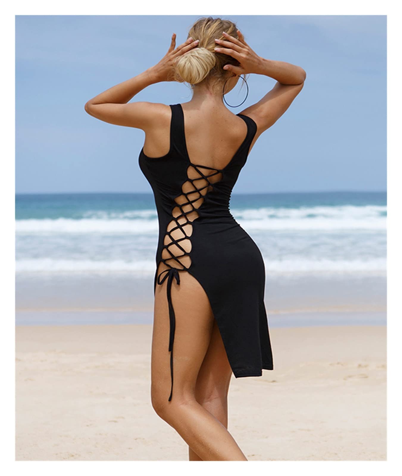 Bikini Cover Up Abito da Spiaggia a Costine Solido Costume da Bagno da Donna Sexy Cut out Knot Side Split Coscia Dress Copricostume Bianco Kimono Bikini Donna Beachwear Copricostume Donna (Color : X2