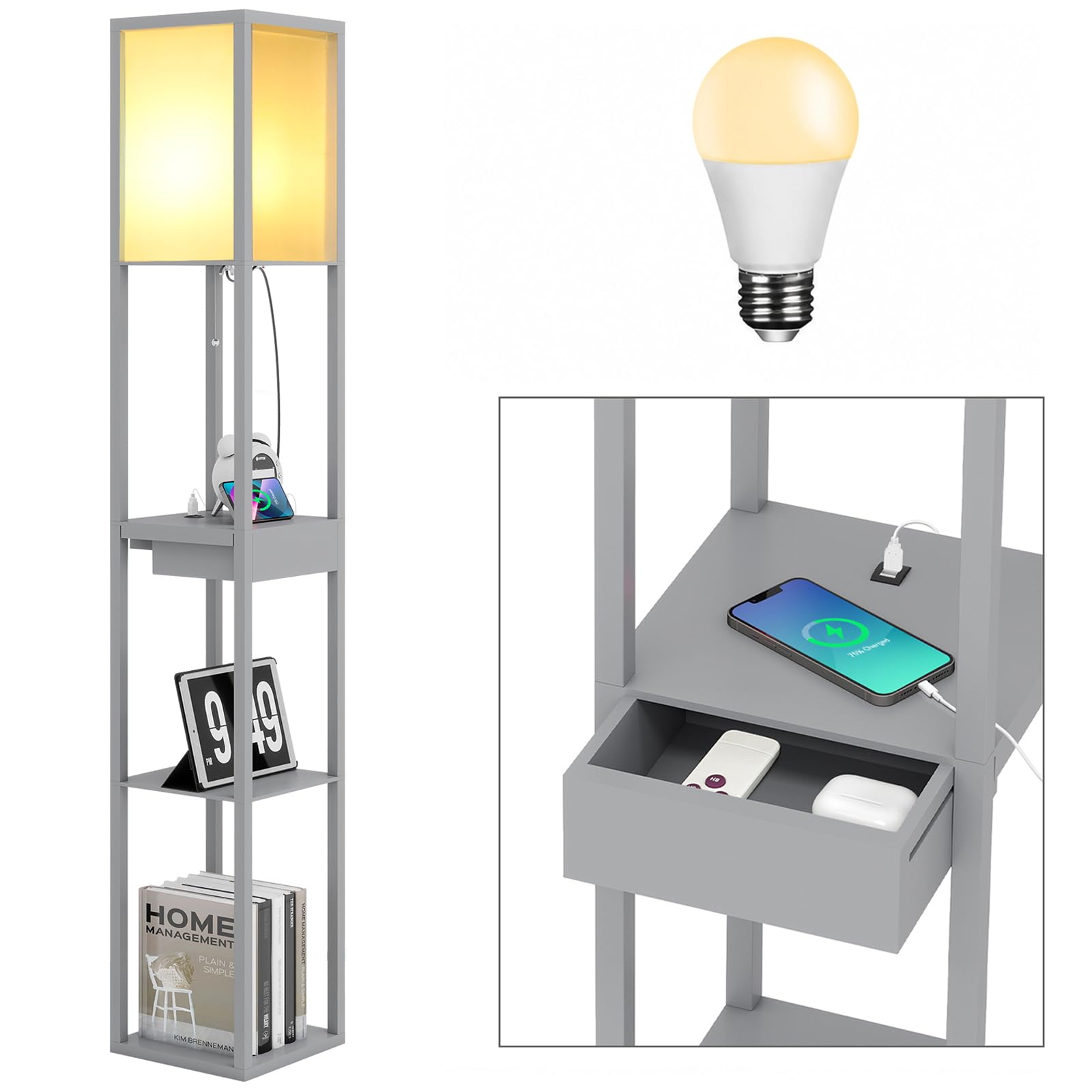 ARTETHYS Floor Lamp with Shelves, Standing Lamp with 2 USB Charging Ports, LED Bulb, Drawer, Tall Lamps for Living Room, Modern Standard Wooden Lamp for Bedroom, Home Office, Grey