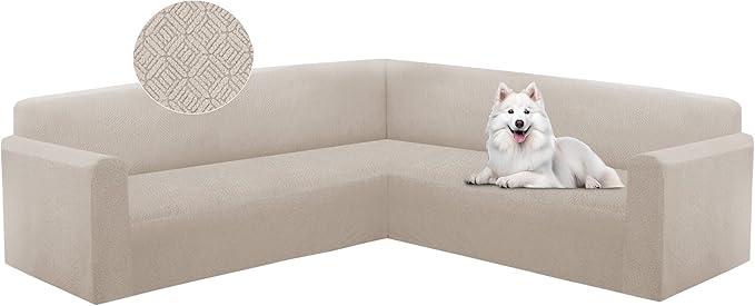 HDCAXKJ Sectional Couch Cover L Shape Stretch Sofa Covers Washable Jacquard Corner Couch Slipcover Non Slip Sectional Slip Cover U Shaped Furniture Protector for Pets Dogs (Natural, Large)