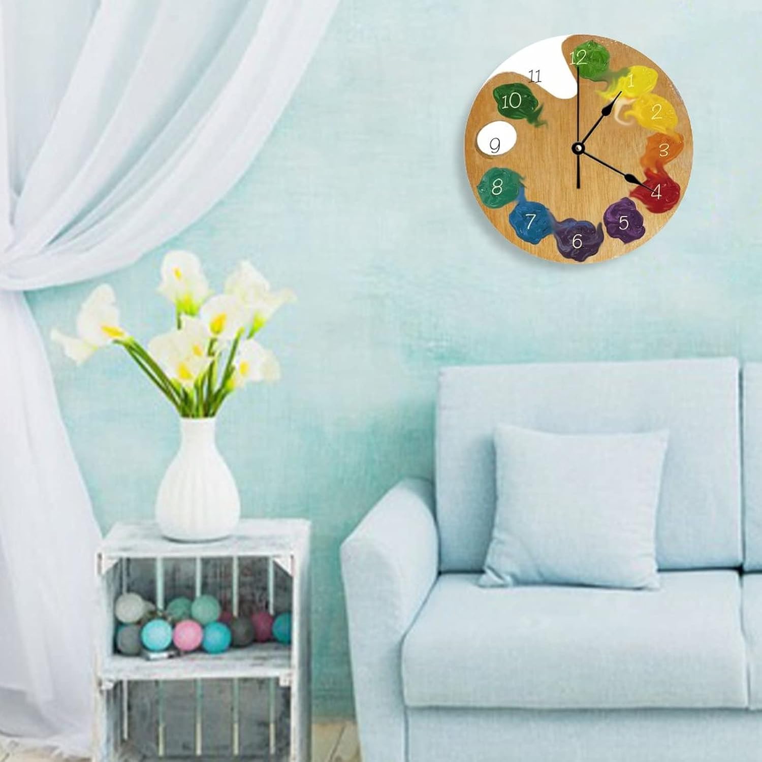 Decorative Silent No Ticking Wall Clock Artist`s Palette Color Wheel with Numbers Round Modern Wooden Clocks for Bedroom Living Room Home Office School Wall Art Decor, 15 Inches