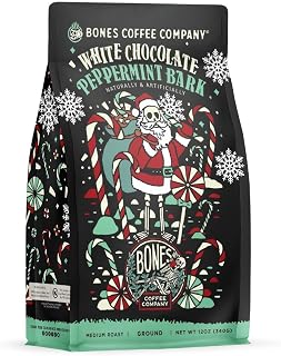 Bones Coffee Company White Chocolate Peppermint Bark Flavored Coffee, Medium Roast Low Acid Arabica Beans Compatible with Auto drip and French Press Coffee Maker, 12 Oz Ground