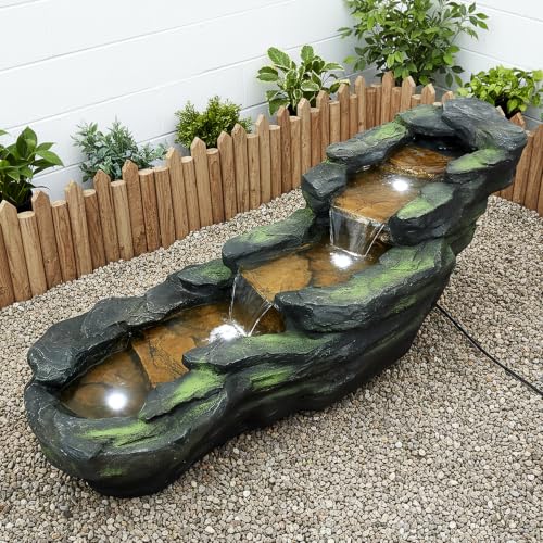 Image of SunJet Cascading Rock Outdoor Water Fountain with LED Lights - 41.3 inch Length Resin Stone Look Garden Waterfall Fountain, Freestanding Floor Fountain with UL Certified Pump for Patio Backyard Yard Decor