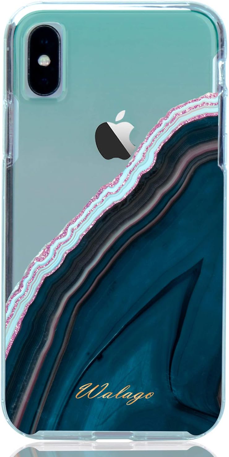 WALAGO Clear Case for iPhone X XS, Hybrid Shockproof Clear Case with Glitter Agate Crystal Design Armor Hard PC Back Flexible TPU Fram Bumper for iPhone X XS (Gold Glitter/Green)