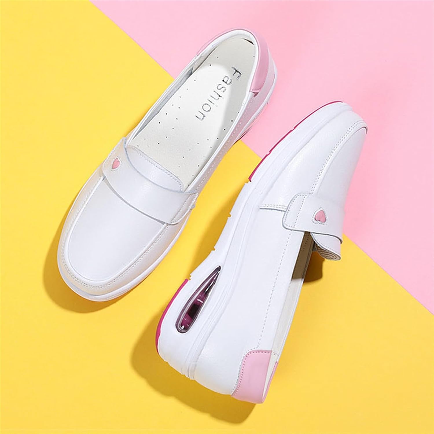 Yytcsjz Womens Leather Slip-On Loafers, Women's White Air Cushion Comfort Walking Non Slip Nursing Shoes, Platform Wedges Breathable Walking Shoes Women, for Hospital Nurse Doctors