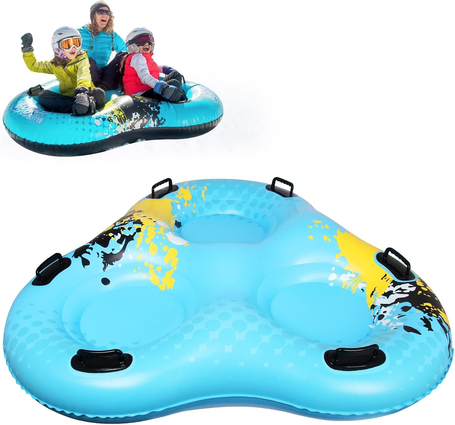 3-Seat Snow Tube Sled, 55 Inflatable Heavy Duty Snow Sled for Adults, Thickened Bottom Snow Tubes with 6 Reinforced Handles, Winter Outdoor Family Christmas for Sledding Gifts