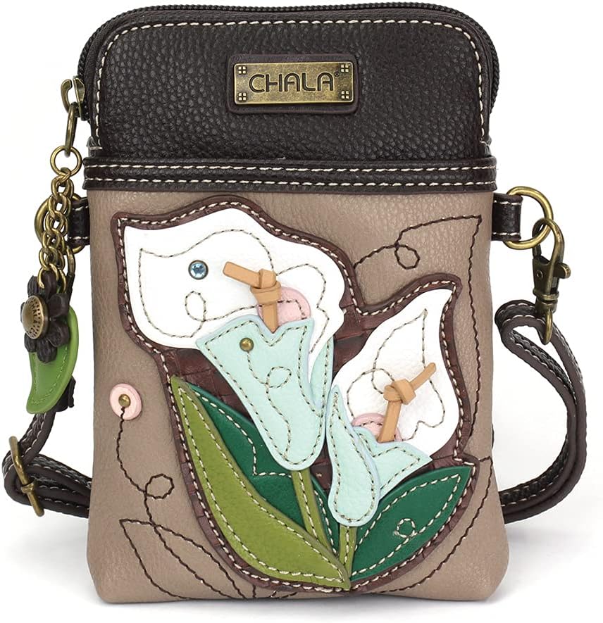 CHALA Plant Life Collection Cell Phone Crossbody Purse-Women PU Leather/Canvas Multicolor Handbag with Adjustable Strap - Calla Lily - warm gray - Image 2