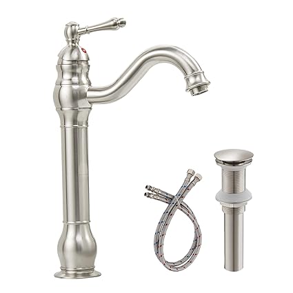 Bathlavish Single Handle Tall Brushed Nickel Bathroom Vessel Sink Faucet One Hole Deck Mount Lavatory Commercial Matching Pop Up Drain With Overflow