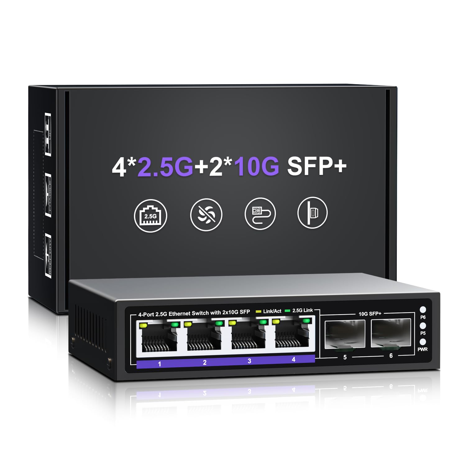 6 Port 2.5G Unmanaged Ethernet Switch, 4 x 2.5G Base-T Ports, 2 x 10G SFP+, Compatible with 100/1000/2500Mbps, Metal Fanless, Desktop/Wall Mount NICGIGA 2.5Gbe Network Switch for Wireless AP, NAS, PC