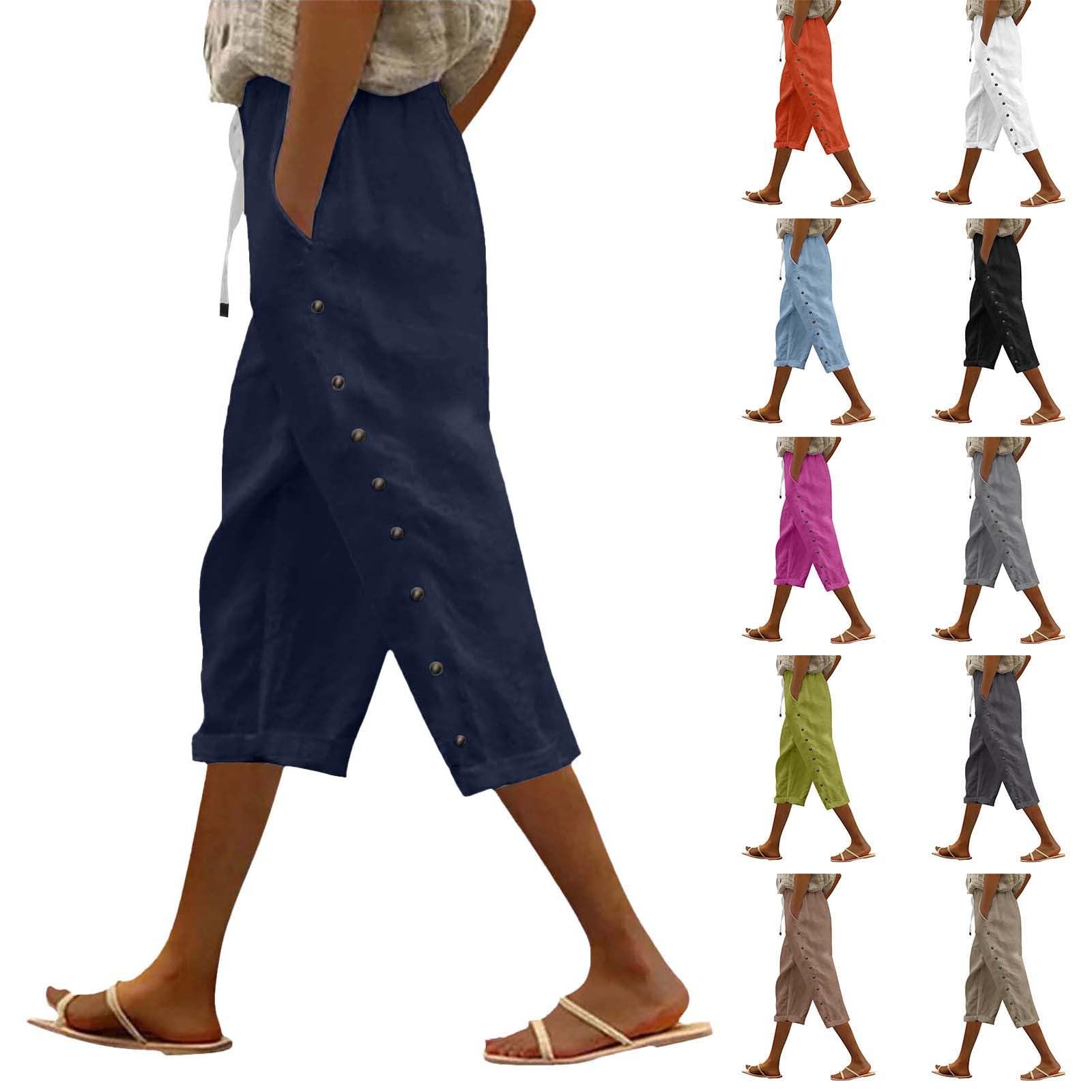 Striped Linen Pants for Women Summer Drawstring Elastic Waist Capri Pants Casual Sports Bermuda Shorts with Pockets