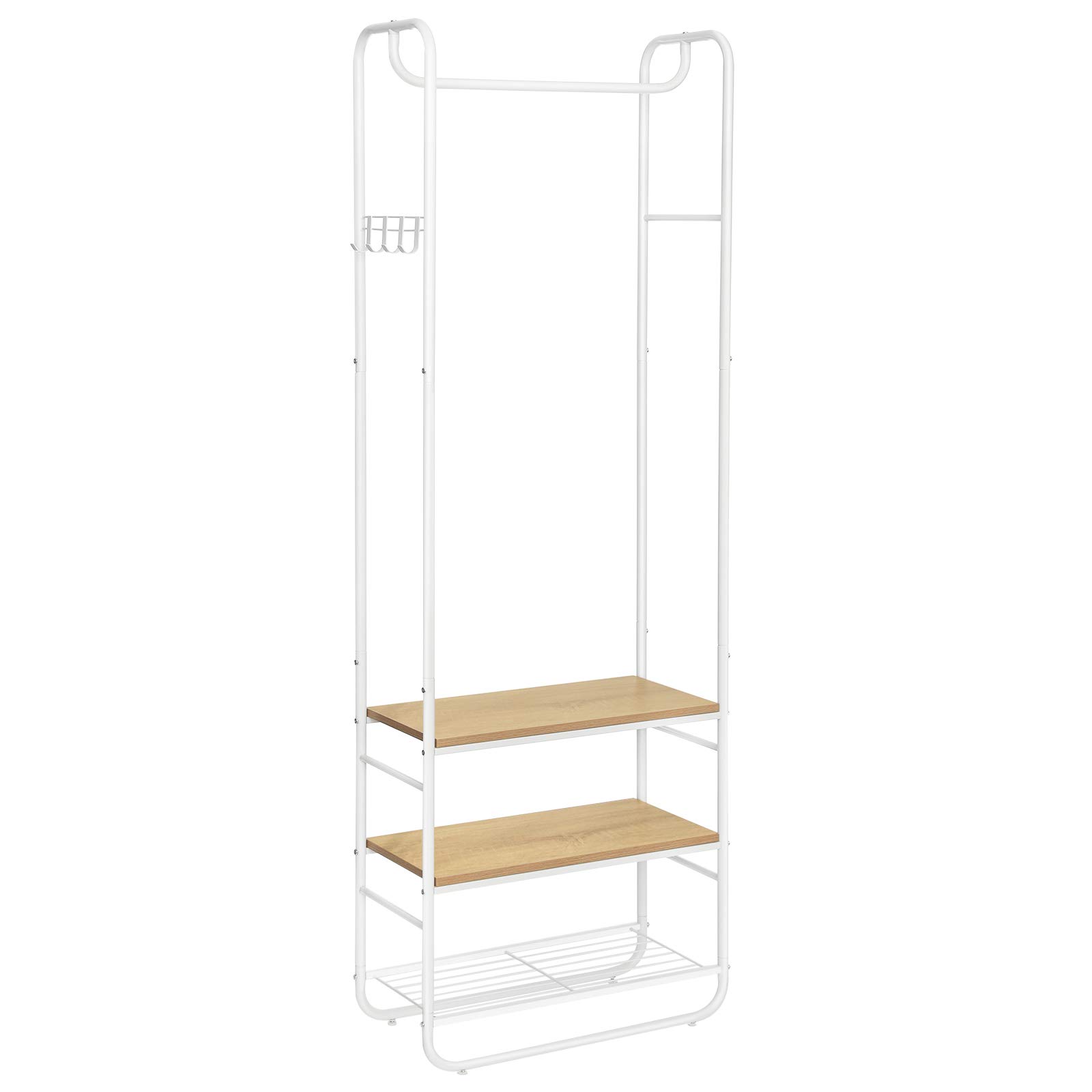 VASAGLE Coat Stand, Hall Tree, Coat Rack with Shoe Rack, Storage Shelves, Hallway, Bedroom, 58 x 28 x 181 cm, Scandinavian Style, Matte White and Golden Oak HSR81WN