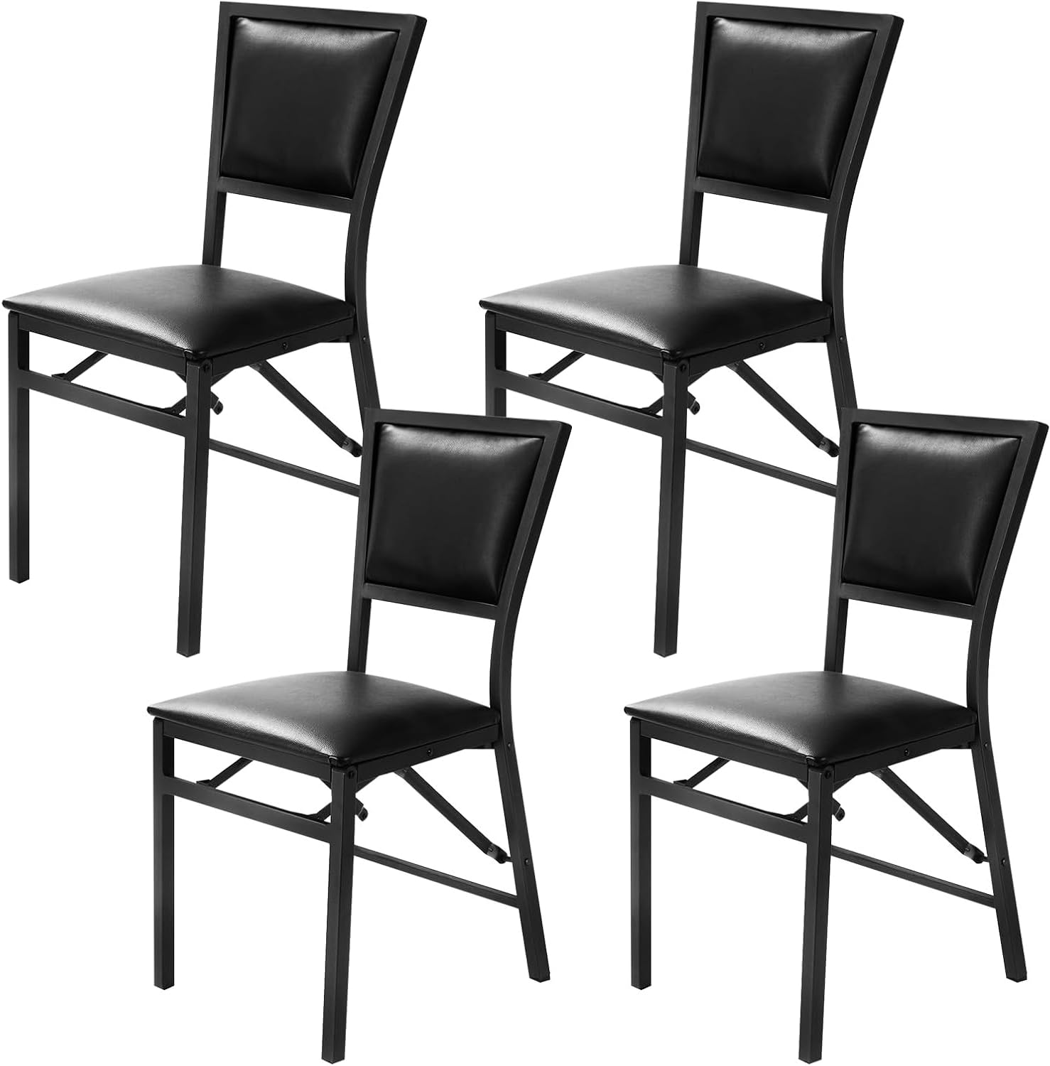 TANGZON Set of 4 Folding Dining Chairs, Padded Faux Leather Seat and Back, Metal Frame Upholstered Kitchen Chairs, Space Saving Side Chairs for Dining Room, Restaurant, Office, Black