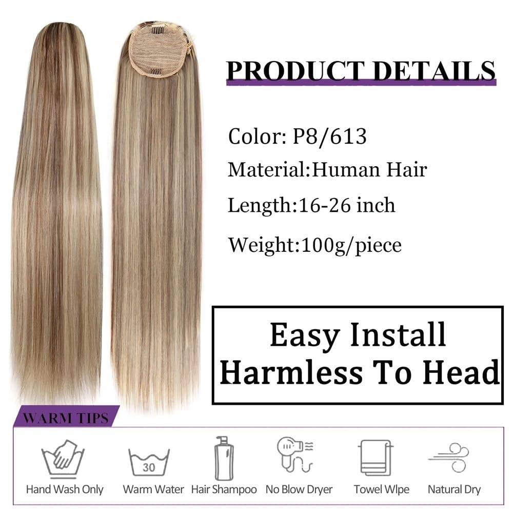 Extensión de cola de caballo, Extensión de cola de caballo con cordón y clip for mujer - Postizo liso de rubio castaño dorado(22inch)