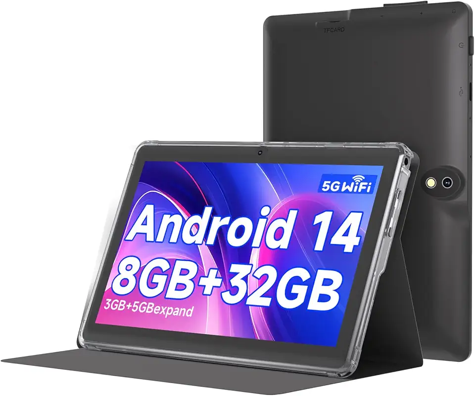 Tablet Android 14.0 de 7 polegadas com capa protetora, 8 GB (expansão de 3 + 5 GB) RAM + 32 GB de ROM, tela 1024 x 600 IPS, câmera dupla, bateria de 3000 mAh, aba WiFi Bluetooth 5.0 (preto)
