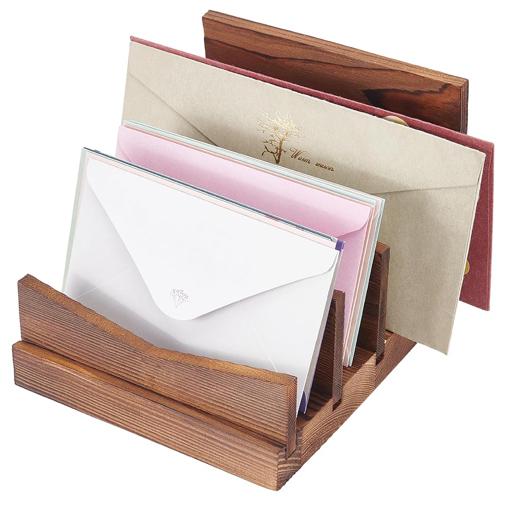 ORIGACH Organizer per posta da scrivania, in legno, con 4 scomparti, in legno, per bancone, lettere, buste, cellulare, documenti