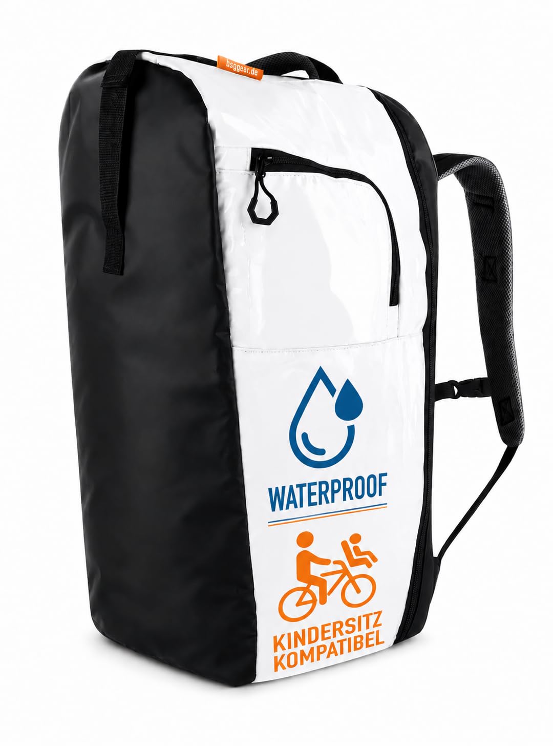 Fahrradrucksack wasserdicht 40L Schwarz Weiß – großer Rucksack für Herren & Damen – Einkaufsrucksack für Fahrrad, Gepäckträger & Kindersitz kompatibel – wasserfester PVC Rucksack