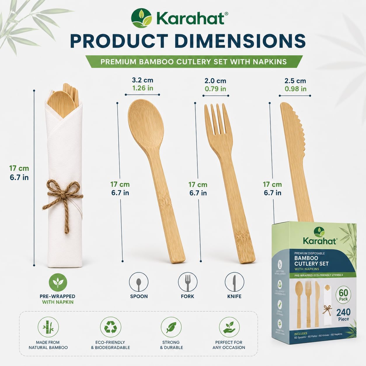 Premium Disposable Bamboo Cutlery Set with Napkins, 60 Pack Pre-Wrapped Eco-Friendly Utensils, 240 Piece Compostable Fork Spoon Knife Flatware Set for Catering Weddings Parties Restaurant Takeout image 2