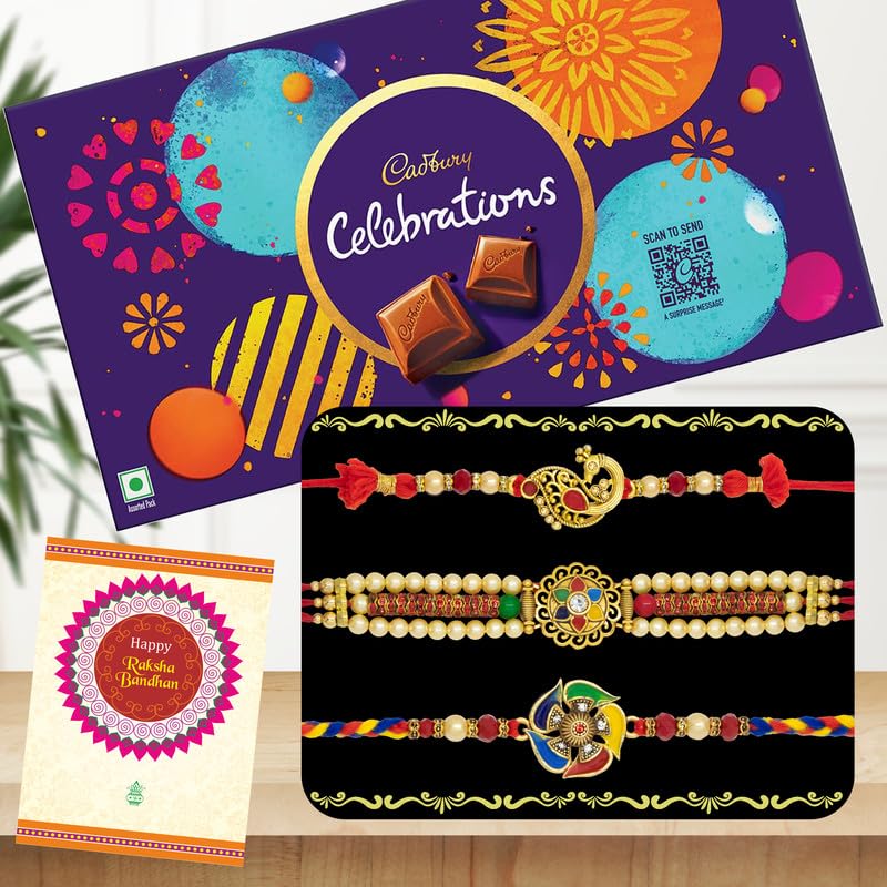 Image of Canton Rakhi With Chocolate Gift Combo, Pack of 3 Designer Rakhi For Brother With Chocolate Gift, Roli & Greeting Card (Design-10, Rakhi With Celebration)