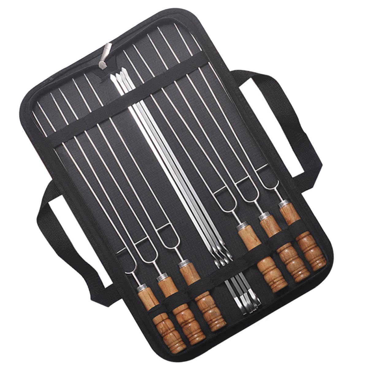 SHINEOFI Brochetas con Bolsa de Almacenamiento con Mango de Madera 10 de Acero Inoxidable y Borde Redondeado para Barbacoa Ideales para Fiestas y Uso Diario