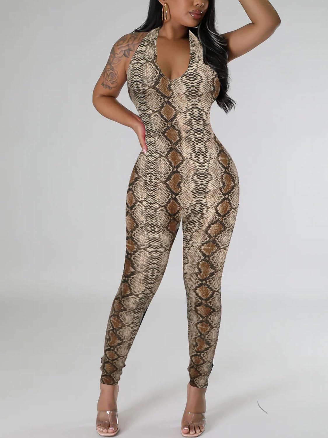 Women's Halter Bodycon Black Jumpsuits - One Piece Backless Leopard Summer Casual Workout Club Pants Rompers Outfits Catsuits - Image 3