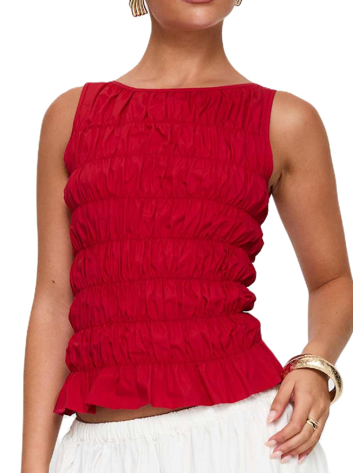 Smocked Tops for Women Shirred Ruffle Babydoll Cropped Tank Top Shirt Teen Girls Y2K Cute Going Out Streetwear