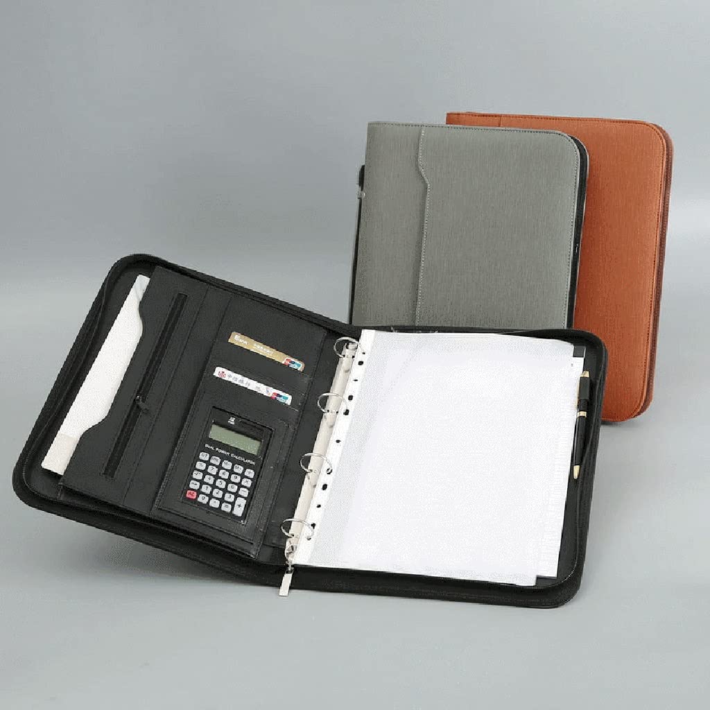 Cartella Appunti Cartella for conferenze for dirigenti aziendali con cerniera, formato A4, con raccoglitore a 4 anelli, for ufficio, scuola, casa, lavoro e uso commerciale(Gray,12digit calculator)
