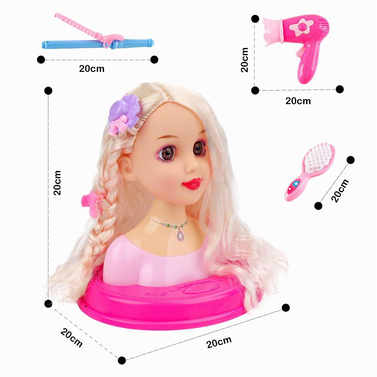 deAO Tête à coiffer pour filles à partir de 3 ans - Poupée de maquillage avec sèche-cheveux et accessoires - Tête de poupée pour coiffer et maquiller - Jouet créatif pour enfants