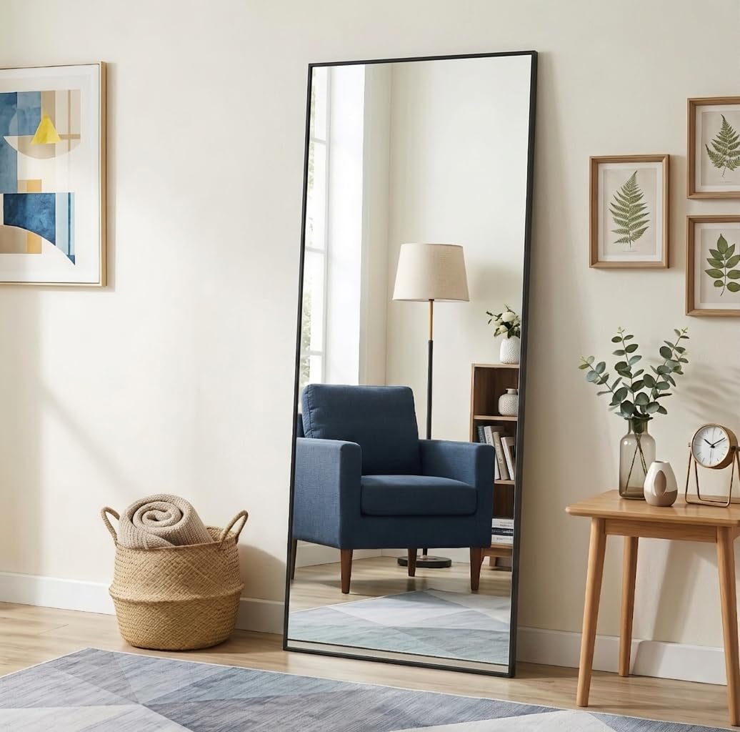KOCUUY Rectangle Full Length Mirror, 161 x 52 cm Wall Mirrors, Free Standing Mirror Full Body with Aluminum Alloy Frame, Suitable for Bedrooms, Hallway or Cloakroom, Black