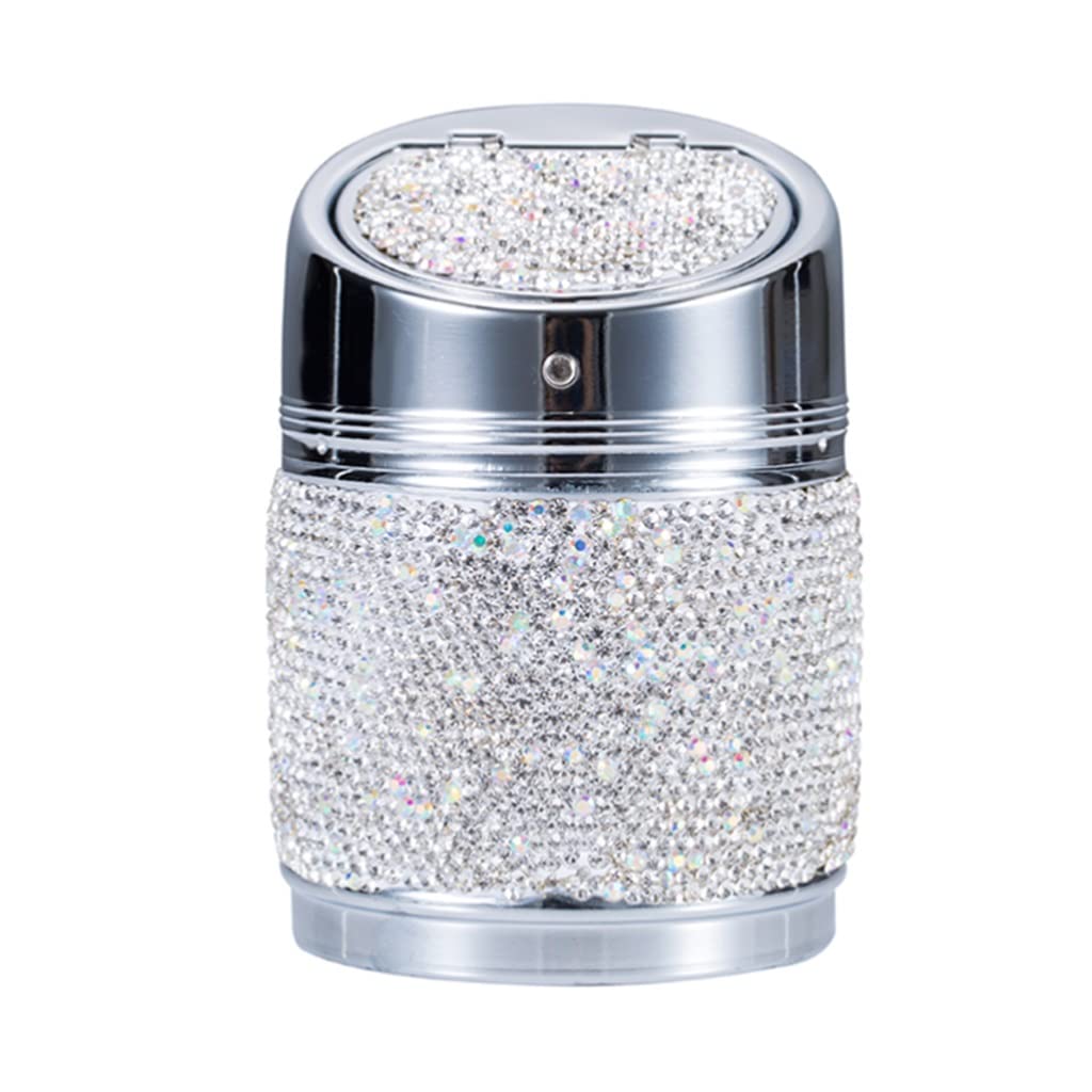 Przenośna popielniczka samochodowa Bling Crystal Bezdymny stojak Cylindryczny uchwyt na kubek, popielniczka z pokrywką Stop aluminium do domu Na zewnątrz Na zewnątrz (Kolor: biały)
