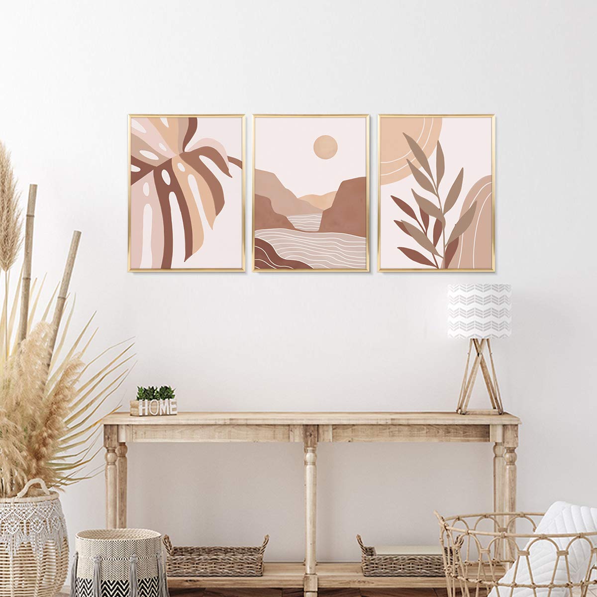 ArtbyHannah Framed Wall Art, Boho Wall Art Set of 3, Gold Framed Canvas Wall Art with Decorative Tropical Botanical Plant Prints for Modern Bedroom, Office, 12x16 Inch