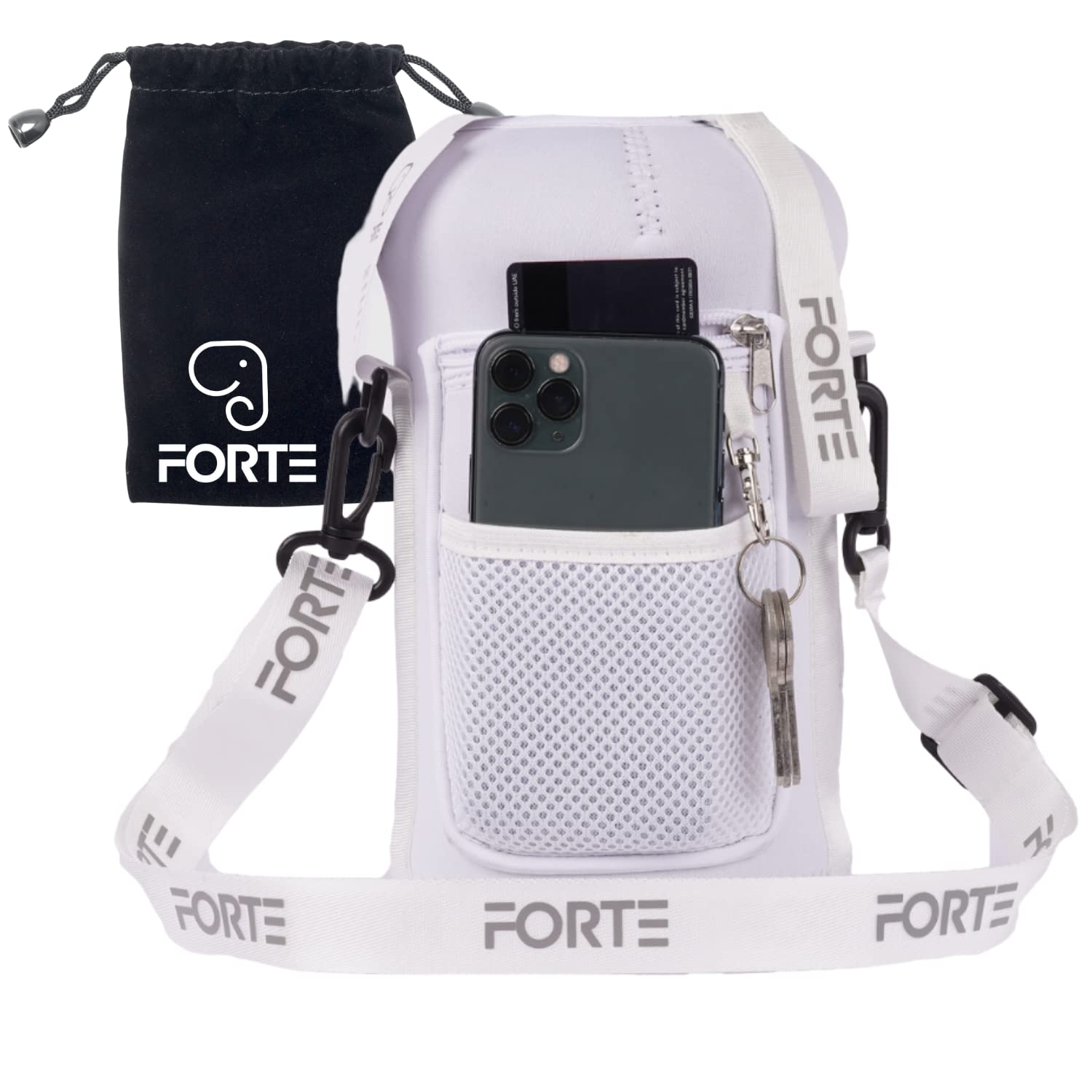 Forte Water Bottle Holder with Adjustable Strap, 2L Water Bottle Carrier With Phone Storage, Neoprene Bag Carrier, Half-Gallon Water Bottle Holder, Capsule Sleeve (White)
