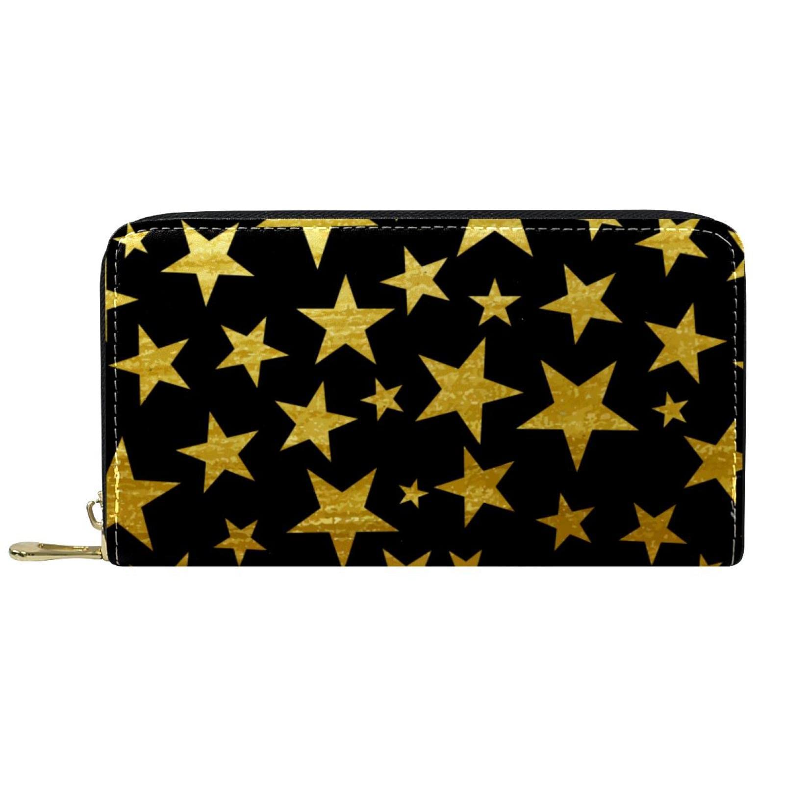 Cartera larga de piel con cremallera y fondo negro con estrellas, Varios colores, 20.5x2.5x11.5cm/8.07x1x4.53 in, Classic