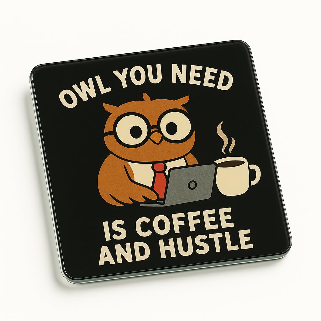 The Plum Penguin Hoot And Hustle Acrylic Coaster Gift With Whimsical Owl Design - Office Decor For Colleague Secret Santa Motivation