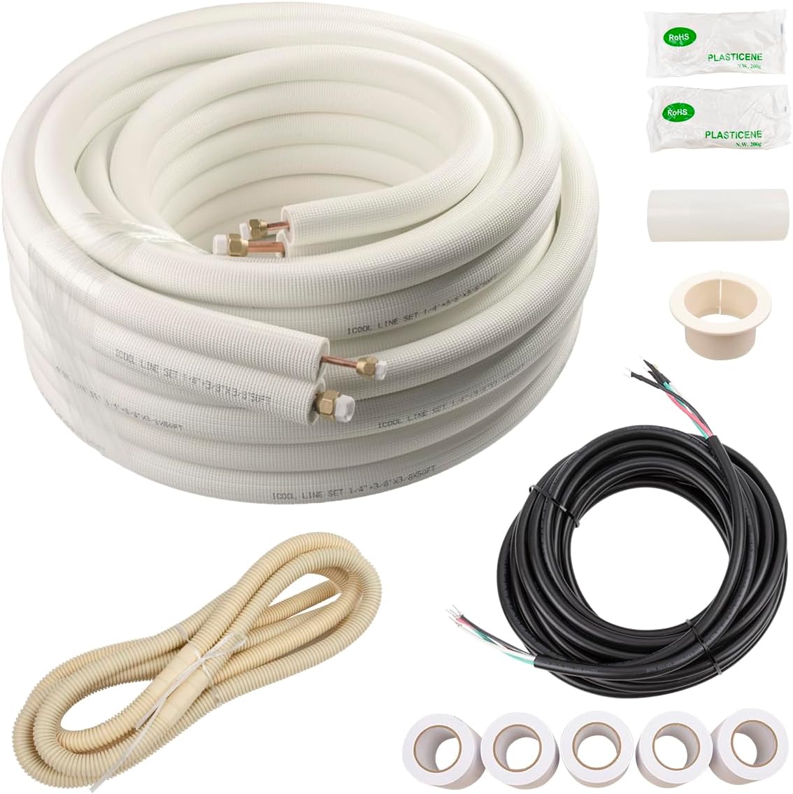 Wostore 50FT Mini Split Line Set 1/4 and 3/8 inch Insulated Copper Pipe with 16/4 Wire Cable, HVAC Refrigerant Conduit Kit for Split AC Cooling System (Includes Sleeve, Drain Hose, Fittings)