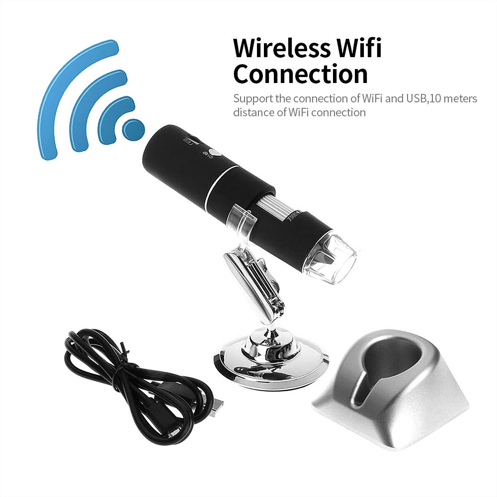 Microscopio Wi-Fi con aumento de 50x a 1000x, resolución de 1920 x 1080P, 8 luces LED, captura JPEG, video MP4, 70 minutos de trabajo, batería de 600 mAh, distancia de transferencia de 5 a 10 m