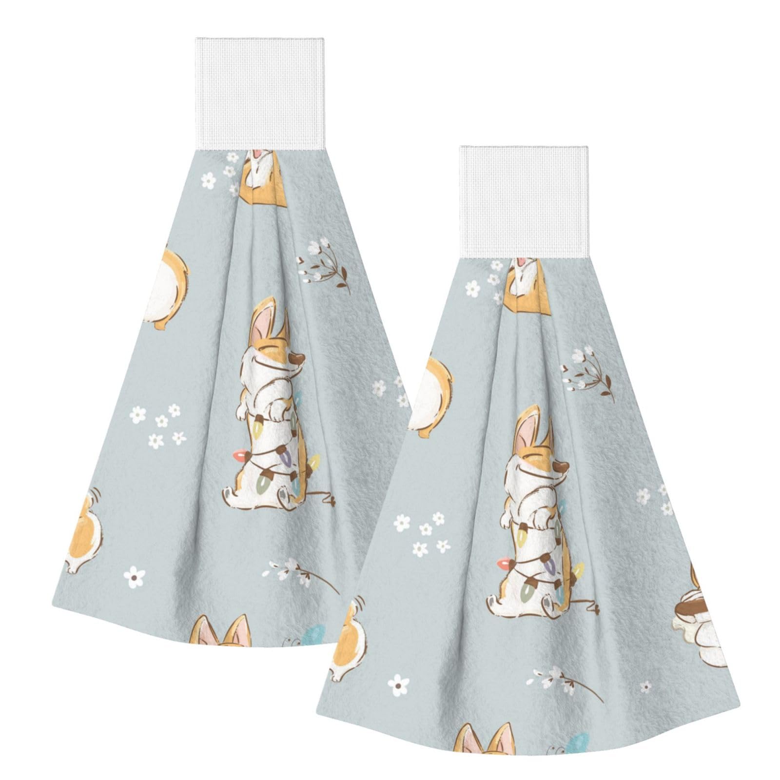 DOPKLNA Cute Corgi, 2 Pcs Hanging Coral Fiber Hand Towels for Bathroom, Absorbent Kitchen Towels