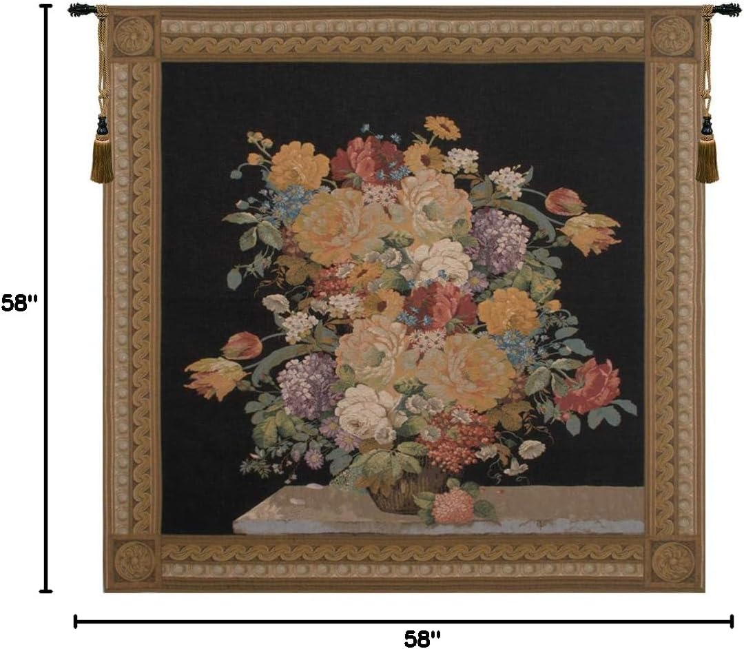 Elegant Floral Masterpiece Black European Tapestry - 58 in. x 58 in. Cotton/Viscose/Polyester/Mercurise by Jan Brueghel de Velours
