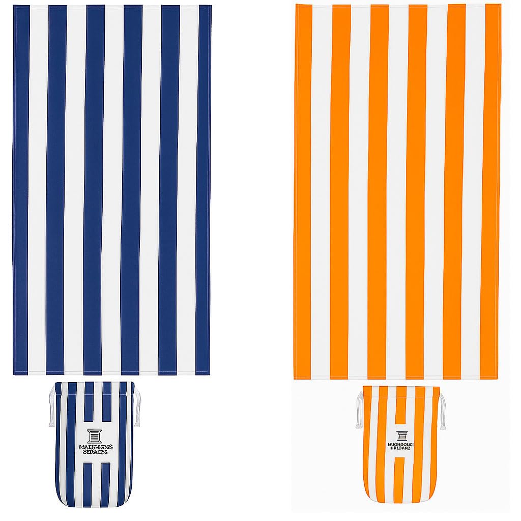 2 Pack Large Beach Towels for Adults Highly Absorbent Cabana Microfibre Pool Towel with Bag Double Sided Print Lightweight Sand Free Bath Towel for Pool Campaign (180x90cm) Orange & Dark Blue Set of 2