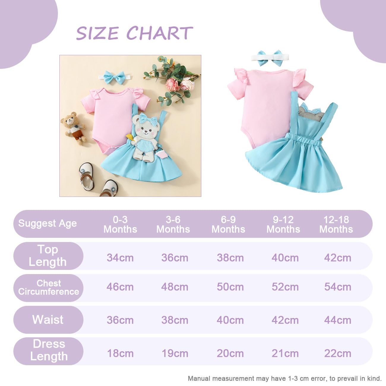 Set di Vestiti per Bambina Piccola Composto da Tutina + Abito con Bretelle Ricamate con Orsacchiotto + Cerchietto con Fiocco, Tutina con Maniche ad Aletta e Scollo Rotondo per 0-18 Mesi, Rosa