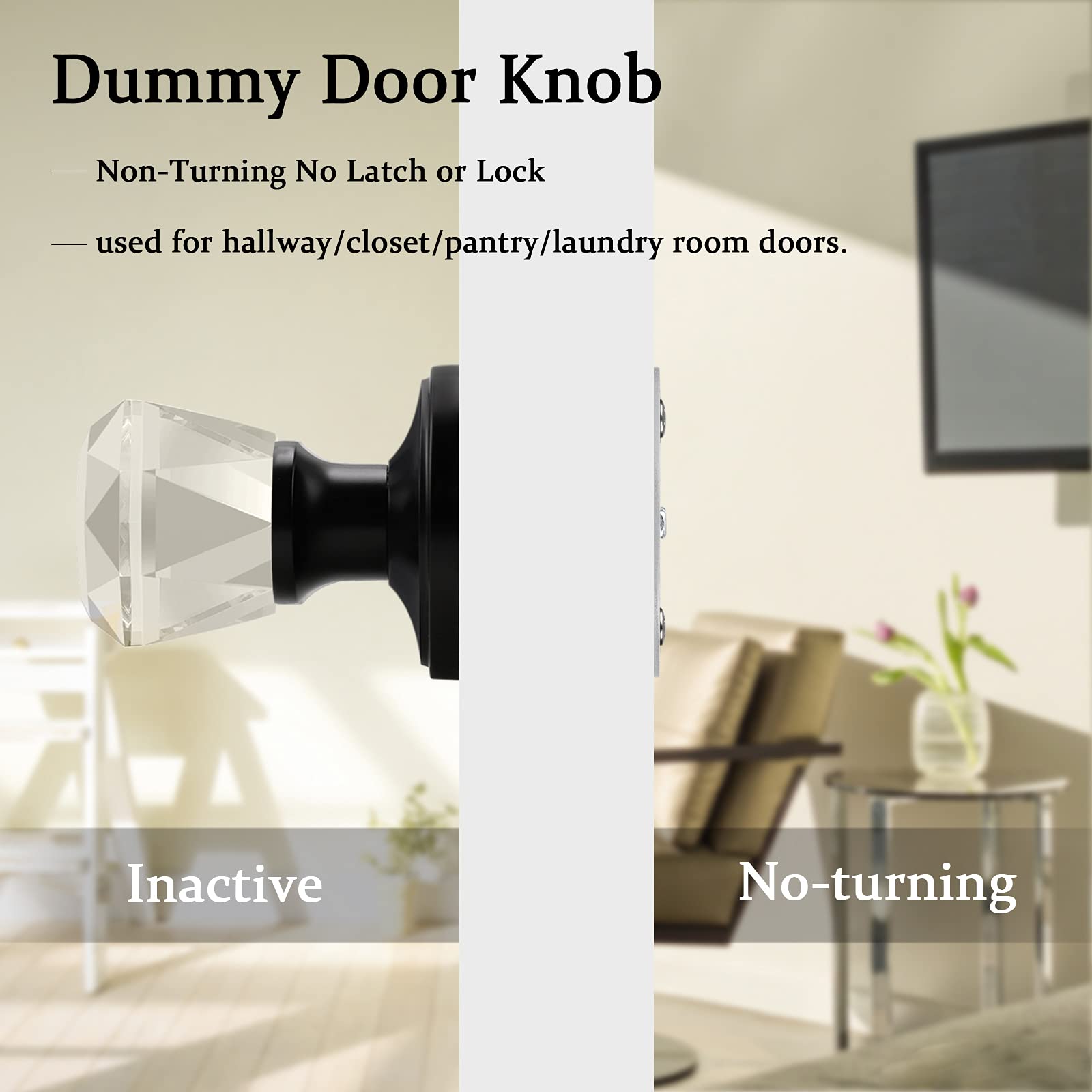 5 Pack Orger Crystal French Door Knobs Faceted Diamond Shape, Inactive Non-Turning Interior Dummy Handles for Closet/Cloakroom, Zinc Alloy Rosette in Flat Black Finish