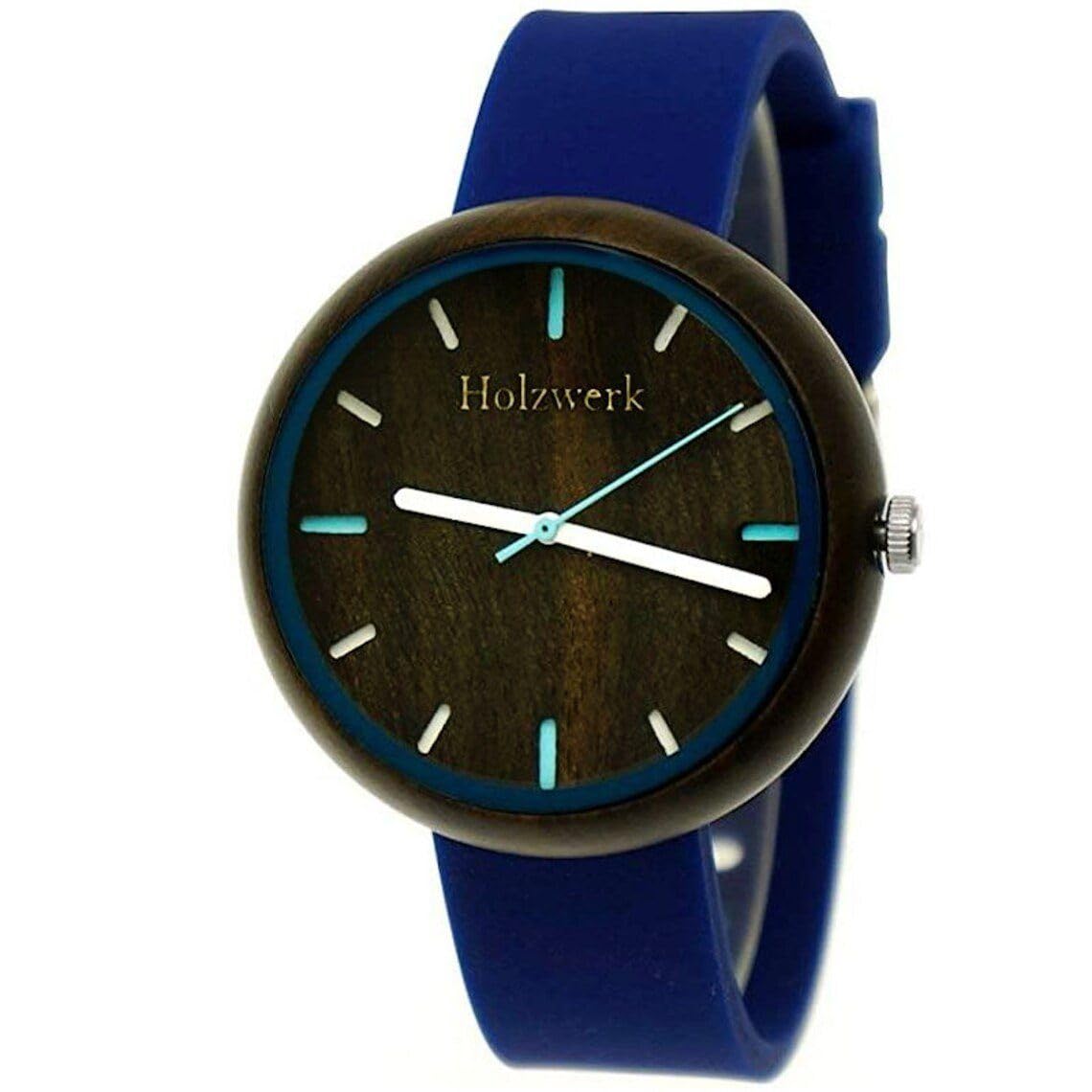 Holzwerk Germany Orologio da polso realizzato a mano, da donna, ecologico, naturale, vegano, in legno, analogico, classico, al quarzo, con cinturino in caucciù e cassa in legno, colore: blu e marrone