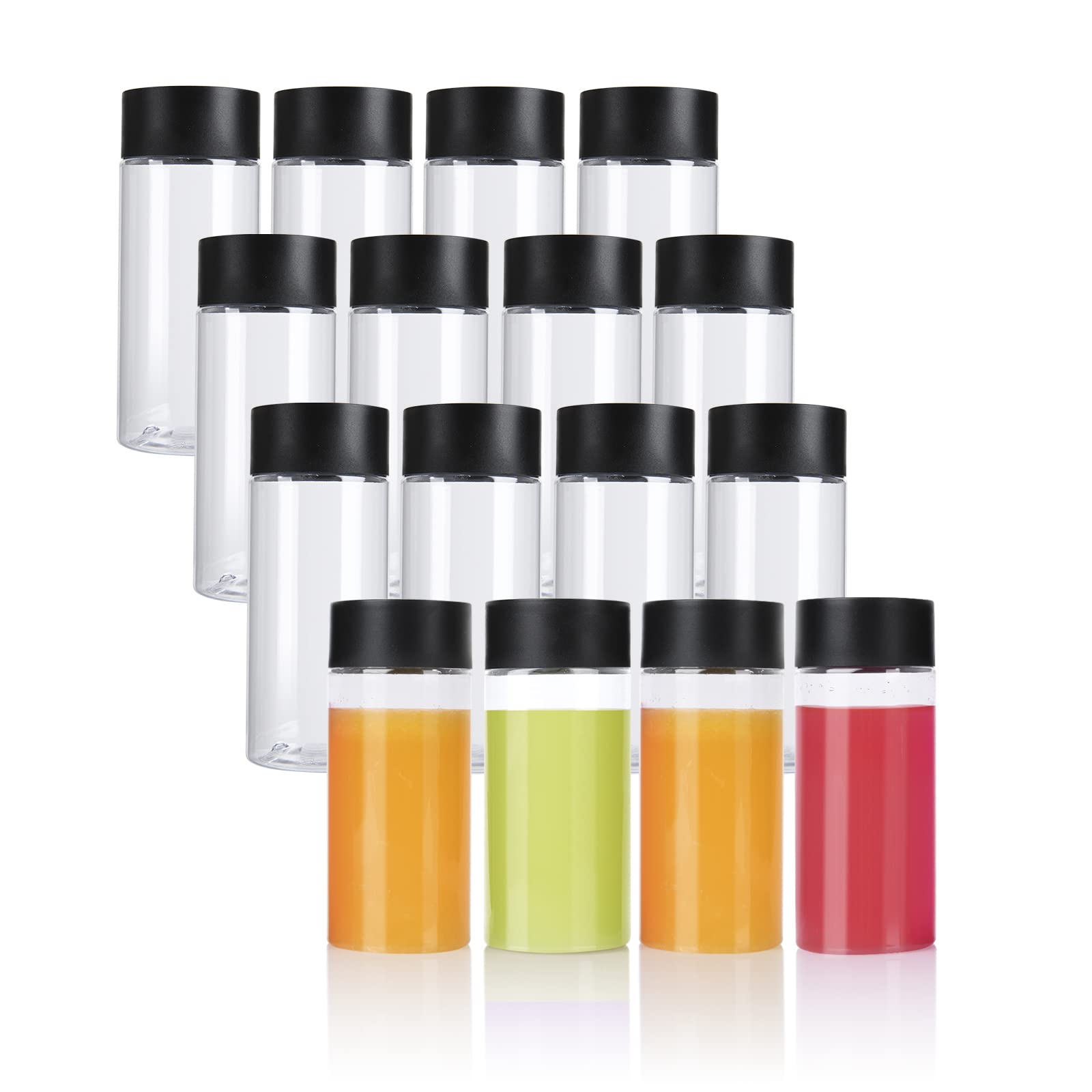 Lot de 16 bouteilles sensorielles réutilisables pour jus, lait et boissons en plastique PET Transparent avec couvercles noirs 250 ml