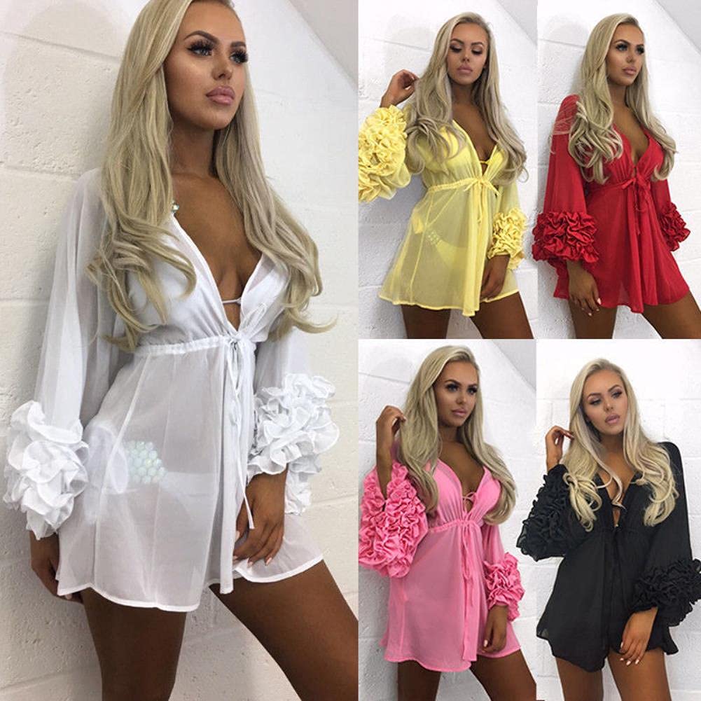 Robe de Plage Été Sexy Beach Mini Robe Femmes Longues Manches Bikini Couvre-Bikini Couvre-Tunique Pareo Sarong Maillot De Bain Maillaison