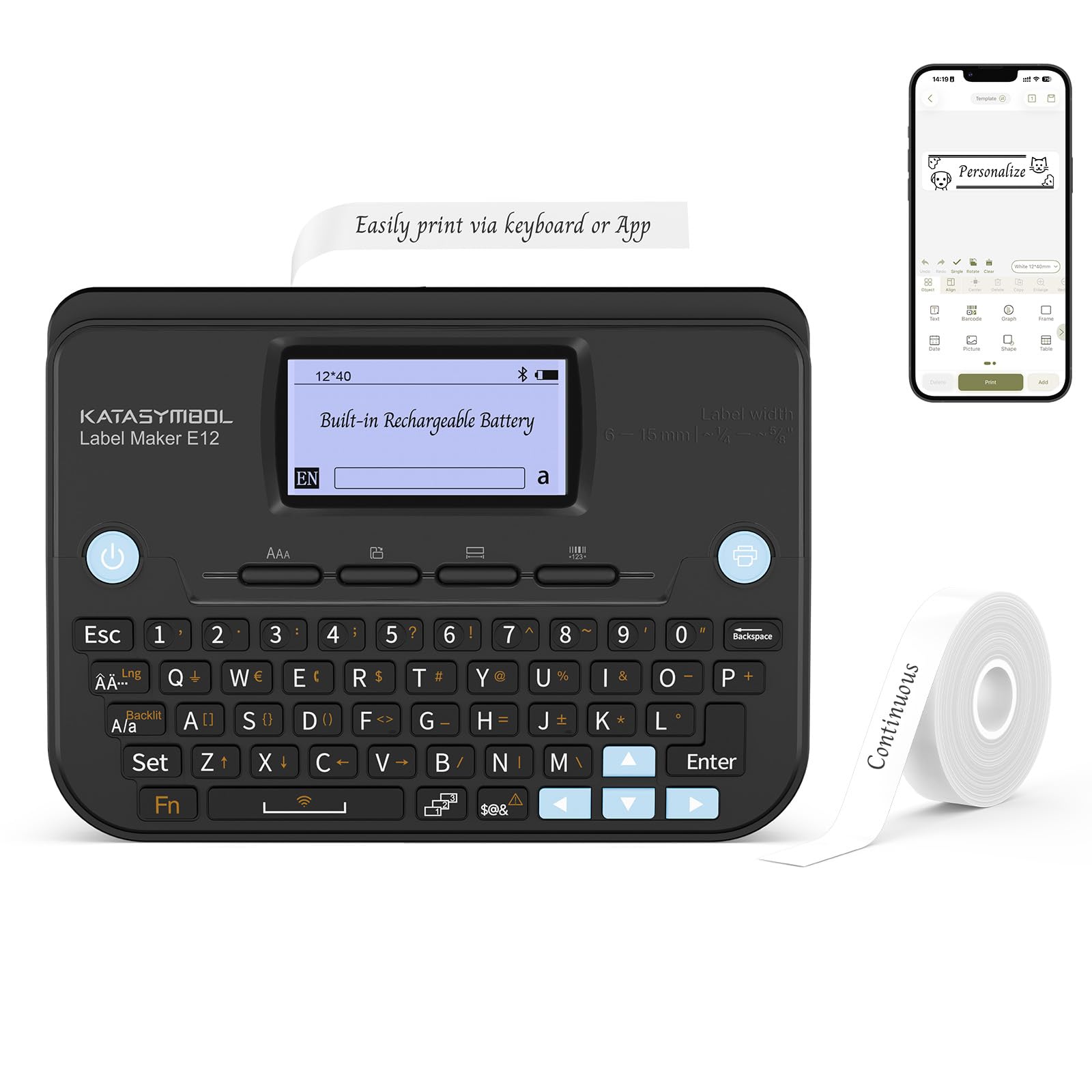 SUPVAN E12 Label Maker Machine, Supports Keyboard or App, Backlit Screen, Narrow Margin, Type-C Charging, Inkless Label Printer for Office, Home, Kitchen, School Organization, Black