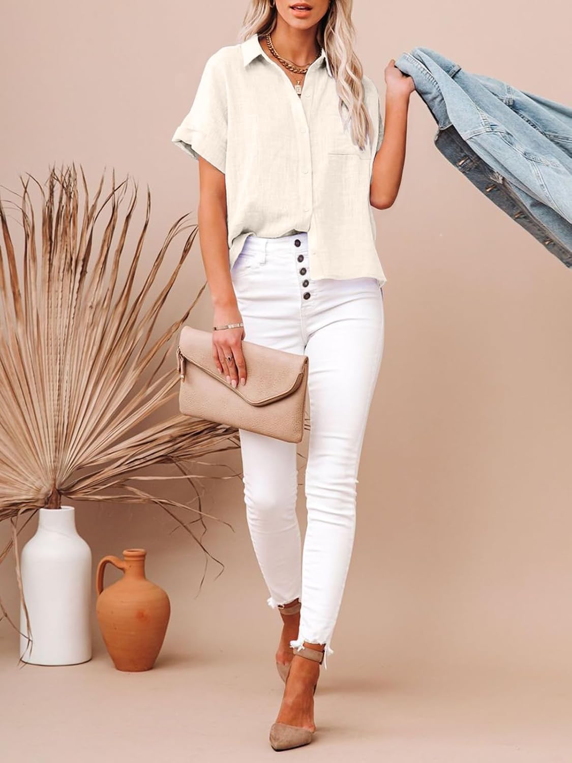 Womens Cotton Linen Button Down Shirts Short Sleeve Dress Shirts Casual Summer Tops Blouses with Pockets - Image 4